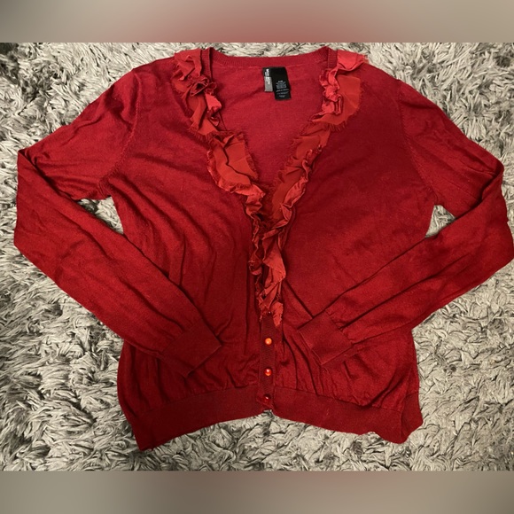 💋Red, Ruffled Bisou Bisou Cardigan - Picture 1 of 13